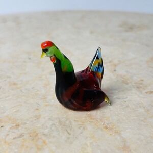 Vintage Miniature Chicken Hen Hand‎ Blown Glass Mini Tiny Multicolor